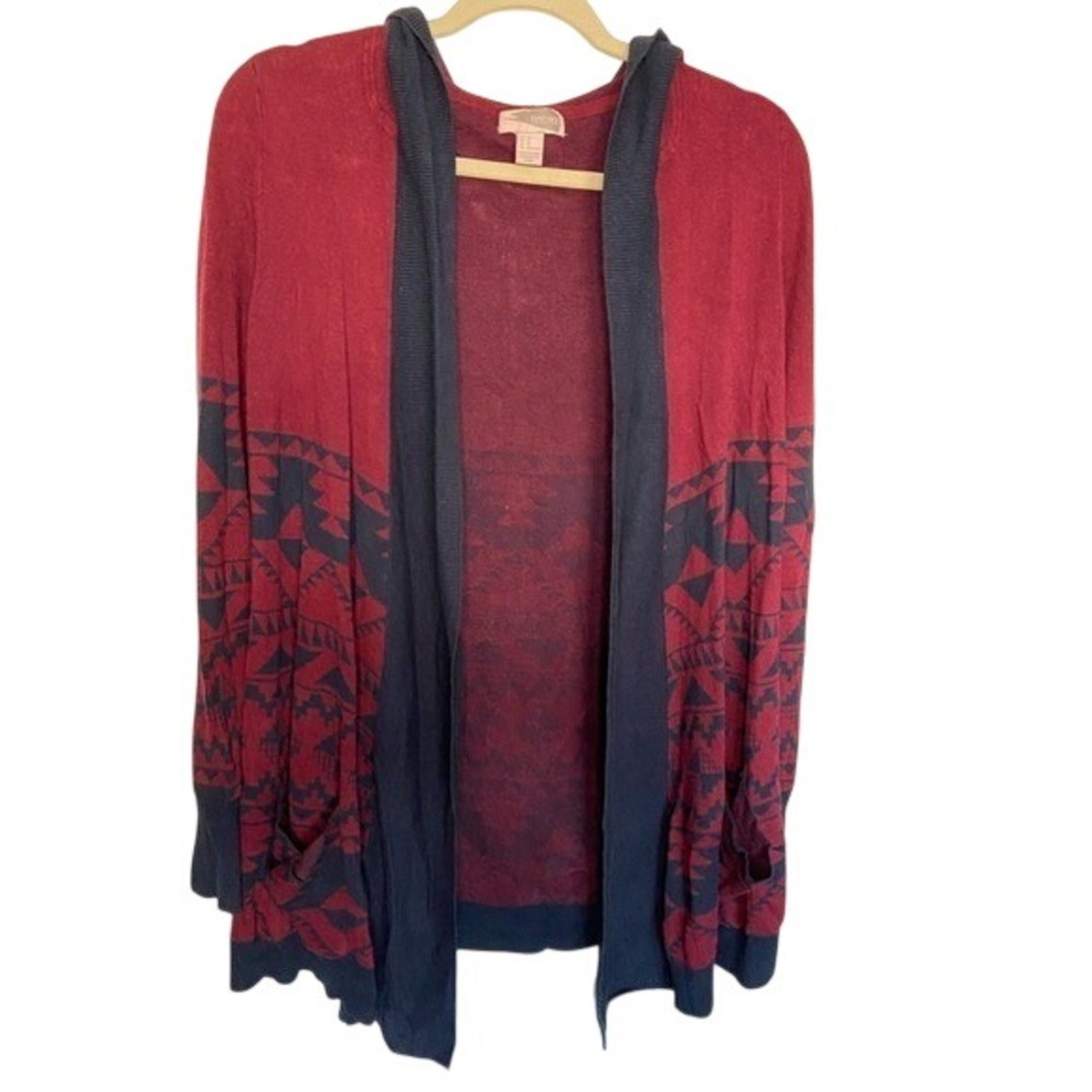 Forever 21 Contemporary Aztec Hooded‎ Cardigan Burgundy Navy Blue Size M